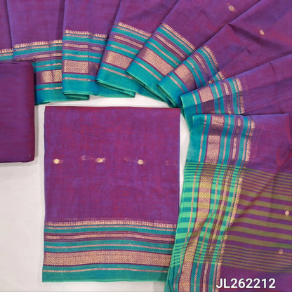 Purple mercerized handloom cotton unstitched salwar material,zari buttas all over, thread weaving design on daman(lining needed)handloom cotton bottom,zari buttas on full length mercerized handloom cotton dupatta with borders and pallu. JL262212