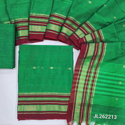 Emerald green mercerized handloom cotton unstitched salwar material,zari buttas all over, thread weaving design on daman(lining needed)handloom cotton bottom,zari buttas on full length mercerized handloom cotton dupatta with borders and pallu. JL262213