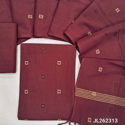 Dark maroon handloom cotton unstitched salwar material, thread woven al over(lining optional)cotton bottom,buttas on full length handloom cotton dupatta. JL262313