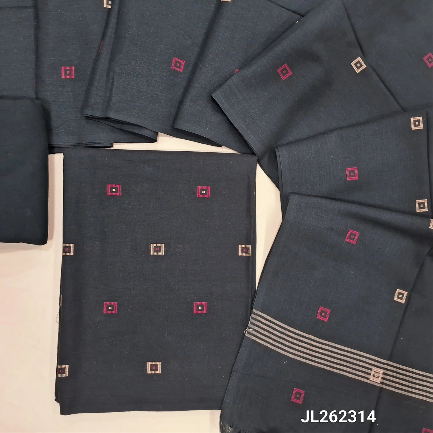 Black handloom cotton unstitched salwar material, thread woven al over(lining optional)cotton bottom,buttas on full length handloom cotton dupatta. JL262314
