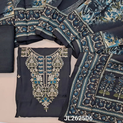 Black soft silk cotton unstitched salwar material,thread, sequins and zari work on yoke,(lining needed)santoon bottom,digital printed modal muslin dupatta. JL262506