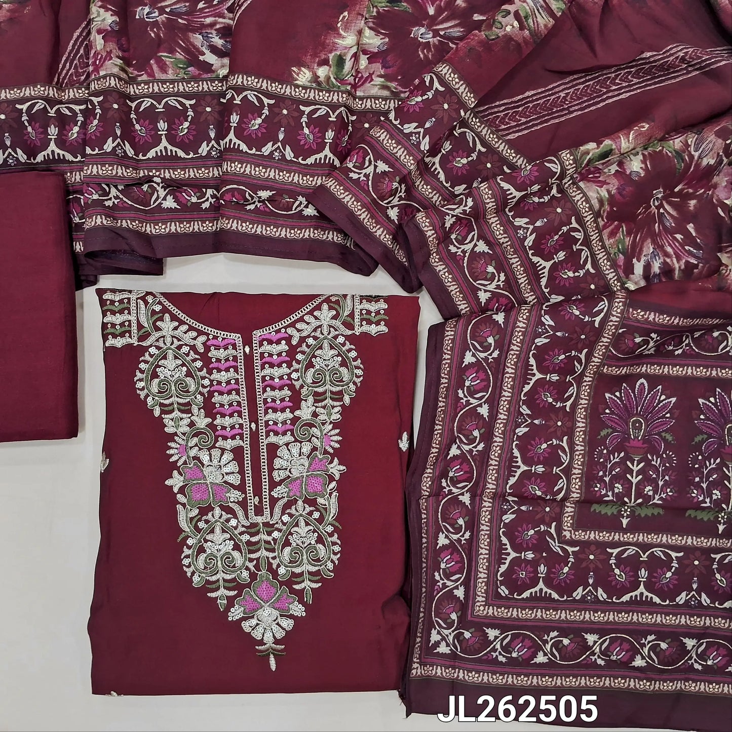 Dark maroon soft silk cotton unstitched salwar material,thread, sequins and zari work on yoke,(lining needed)santoon bottom,digital printed modal muslin dupatta. JL262505