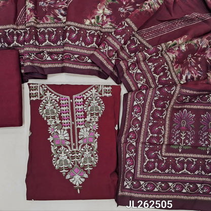Dark maroon soft silk cotton unstitched salwar material,thread, sequins and zari work on yoke,(lining needed)santoon bottom,digital printed modal muslin dupatta. JL262505