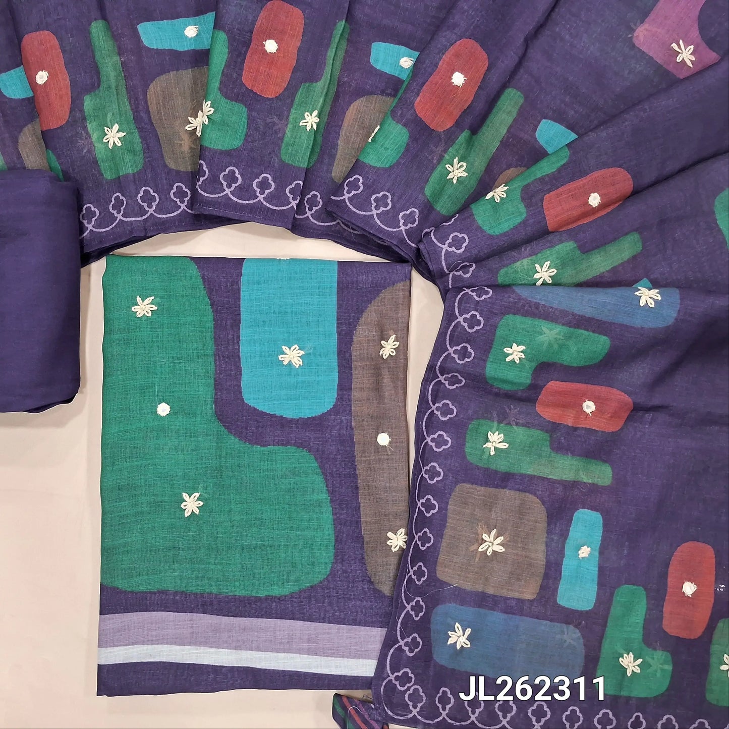 Dark purple base multicoloured abstract printed premium linen salwar material, (textured, lining needed)santoon bottom,abstract printed and thread embroidery work on linen dupatta. JL262311
