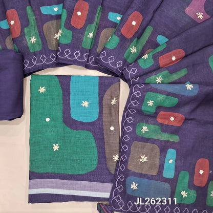 Dark purple base multicoloured abstract printed premium linen salwar material, (textured, lining needed)santoon bottom,abstract printed and thread embroidery work on linen dupatta. JL262311