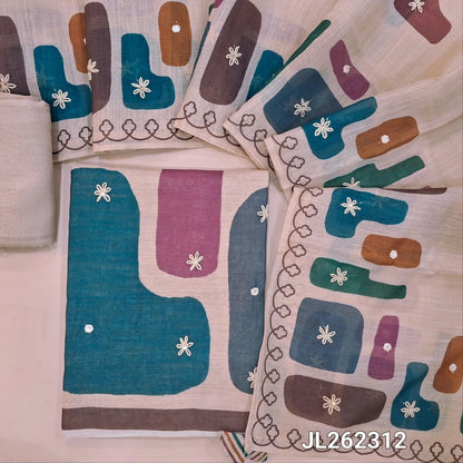 Beige base multicoloured abstract printed premium linen salwar material, (textured, lining needed)santoon bottom,abstract printed and thread embroidery work on linen dupatta. JL262312