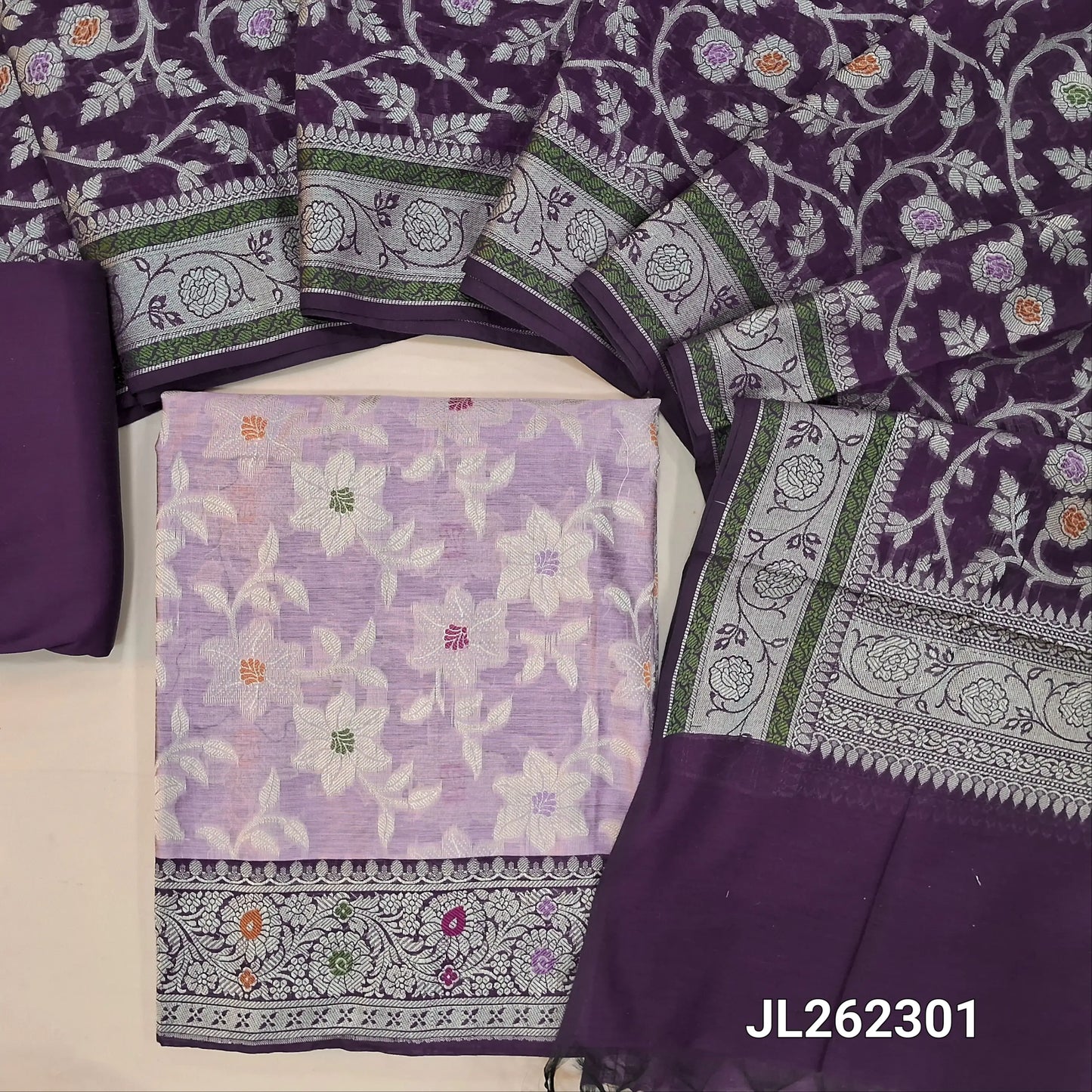 Pastel pink benarasi brocade silk cotton unstitched salwar material,weaving all over, (lining needed)dark purple silk cotton bottom, rich thread weaving brocade silk cotton dupatta with borders. JL262301