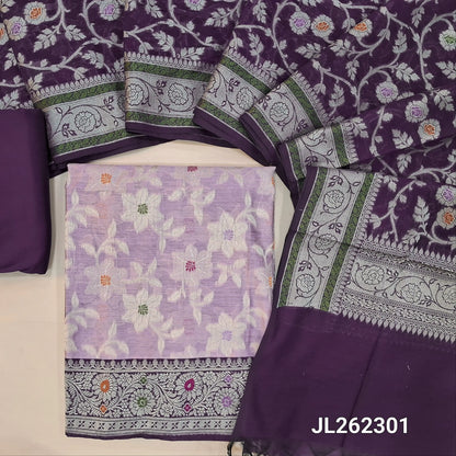 Pastel pink benarasi brocade silk cotton unstitched salwar material,weaving all over, (lining needed)dark purple silk cotton bottom, rich thread weaving brocade silk cotton dupatta with borders. JL262301