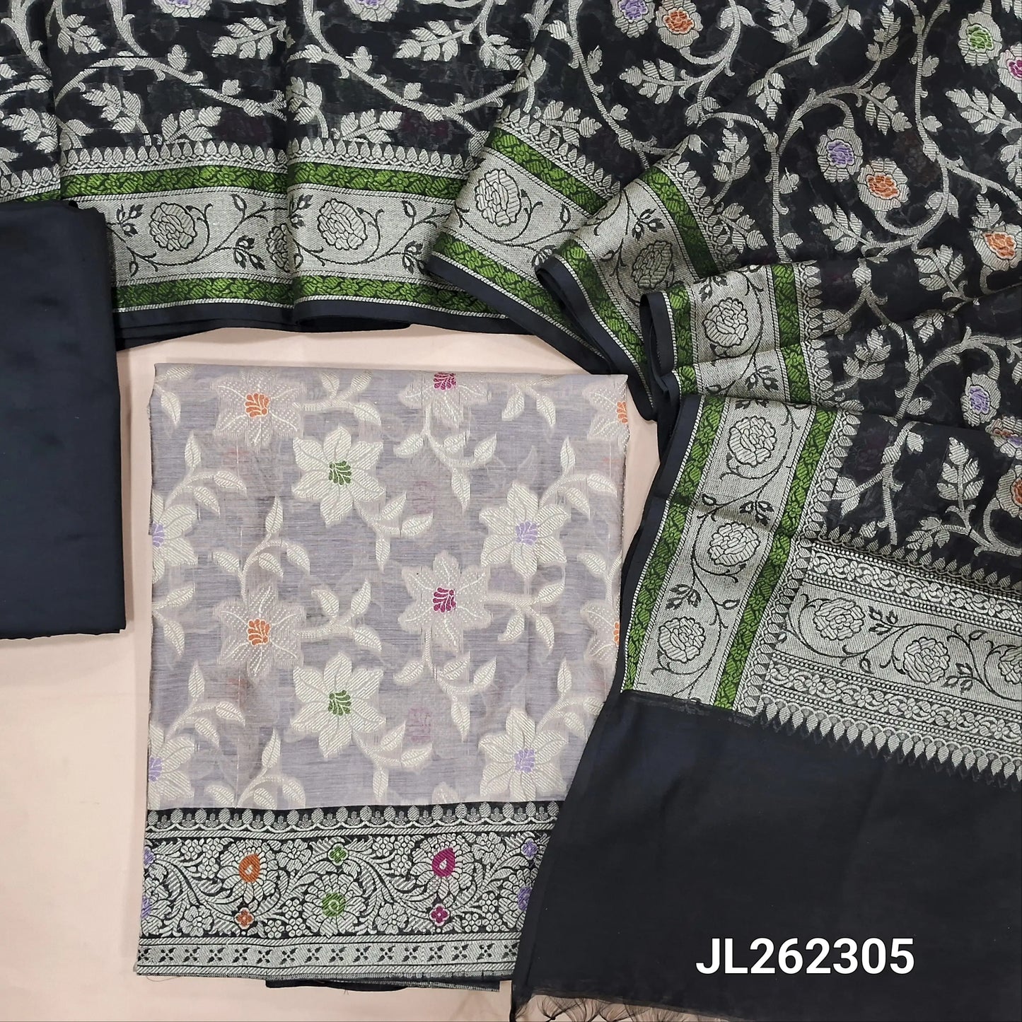 Light mauve benarasi brocade silk cotton unstitched salwar material,weaving all over, (lining needed)black silk cotton bottom, rich thread weaving brocade silk cotton dupatta with borders. JL262305