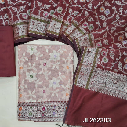 Light onion pink benarasi brocade silk cotton unstitched salwar material,weaving all over, (lining needed)dark maroon silk cotton bottom, rich thread weaving brocade silk cotton dupatta with borders. JL262303