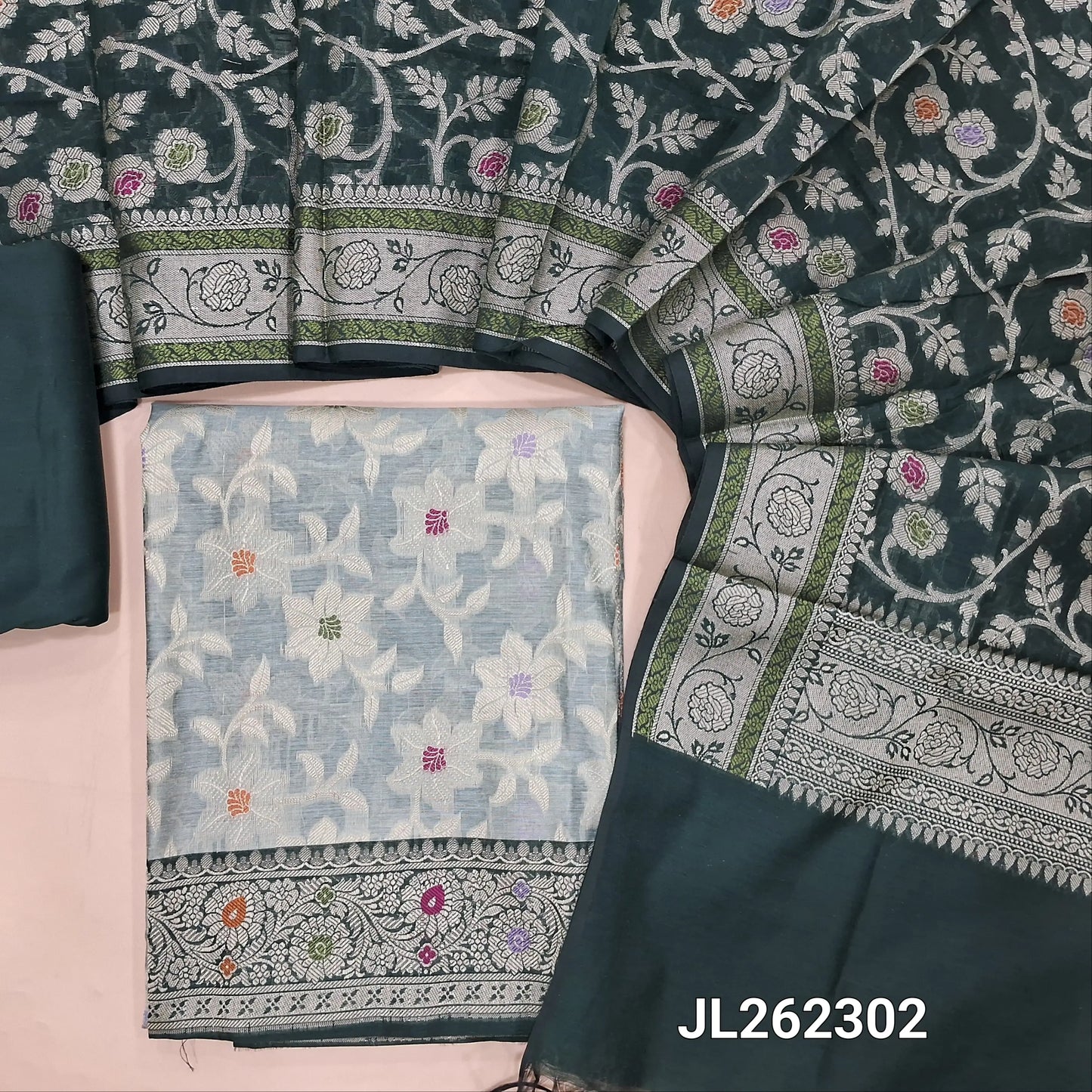 Pastel green benarasi brocade silk cotton unstitched salwar material,weaving all over, (lining needed)bottle green silk cotton bottom, rich thread weaving brocade silk cotton dupatta with borders. JL262302