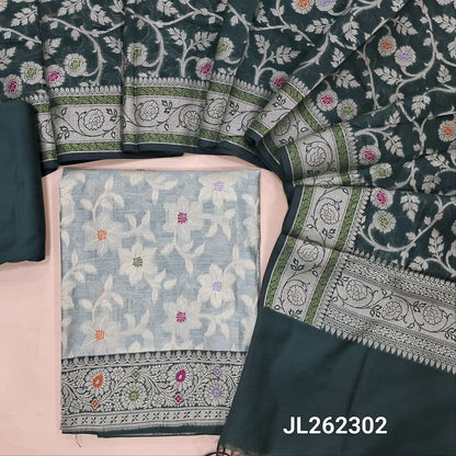 Pastel green benarasi brocade silk cotton unstitched salwar material,weaving all over, (lining needed)bottle green silk cotton bottom, rich thread weaving brocade silk cotton dupatta with borders. JL262302