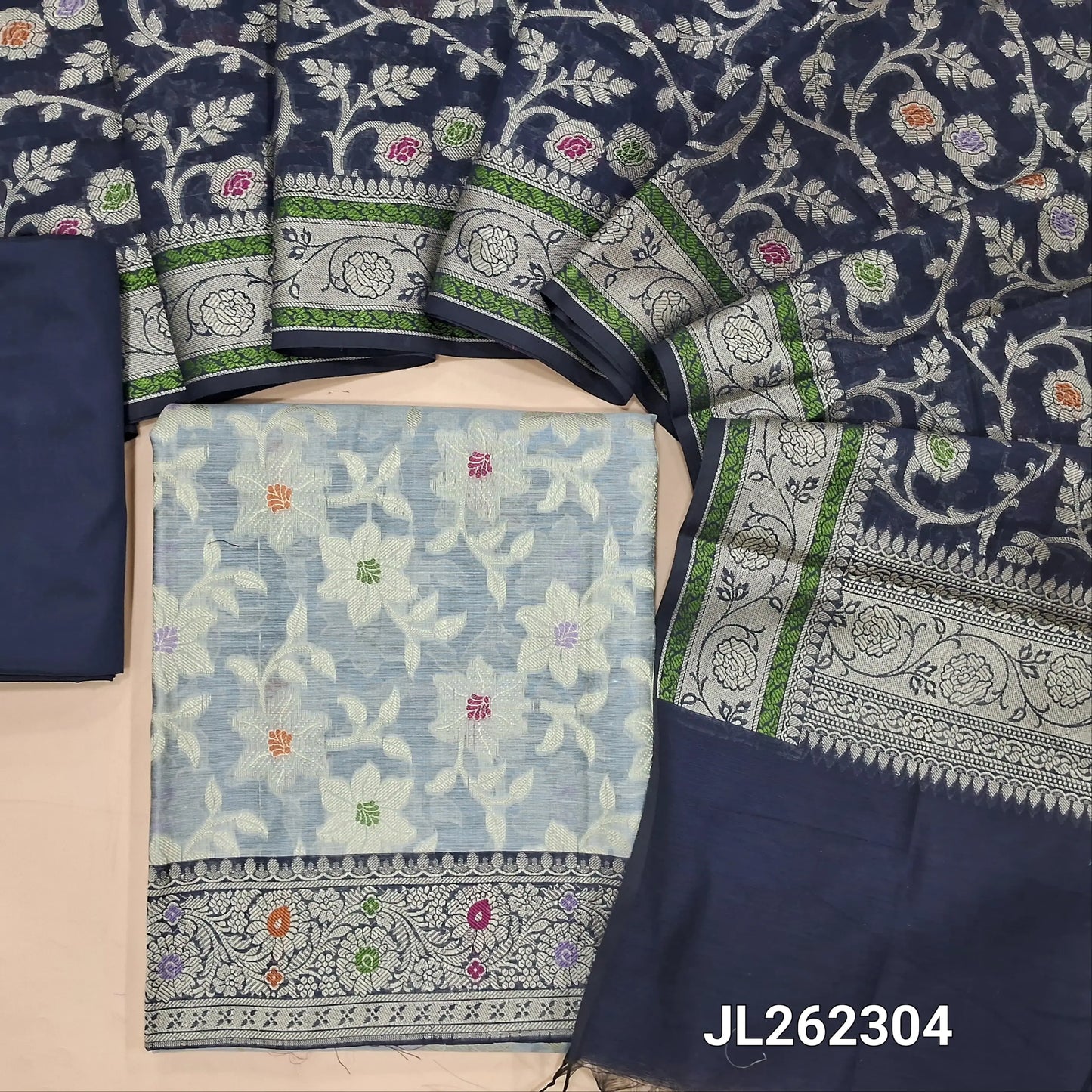 Powder blue benarasi brocade silk cotton unstitched salwar material,weaving all over, (lining needed)dark blue silk cotton bottom, rich thread weaving brocade silk cotton dupatta with borders. JL262304