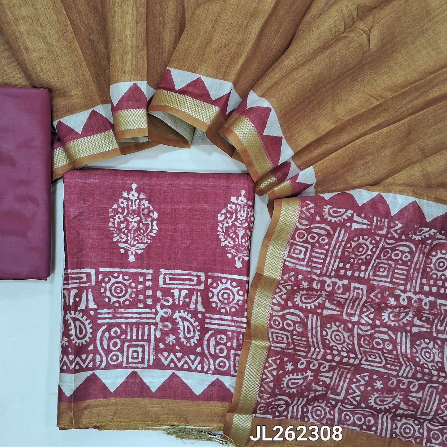 Beetroot purple block printed premium semi tussar unstitched salwar material (Lining needed) silky bottom,premium semi tussar dupatta with zari woven borders. JL262308