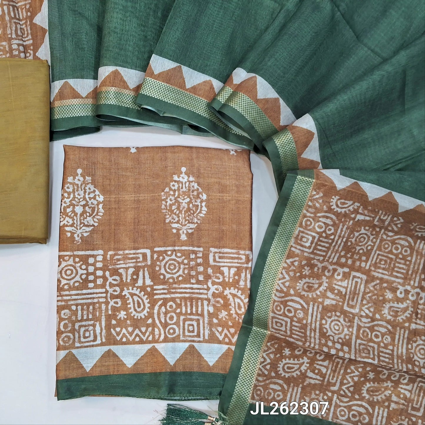 Mehandhi yellow block printed premium semi tussar unstitched salwar material (Lining needed) silky bottom,premium semi tussar dupatta with zari woven borders. JL262307