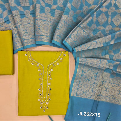 Mehandhi Yellow soft silk cotton unstitched salwar material(lining needed) bead, zardozi work on yoke, matching soft silk cotton bottom,  heavy benarasi weaving blue silk cotton dupatta with tassels. JL262315