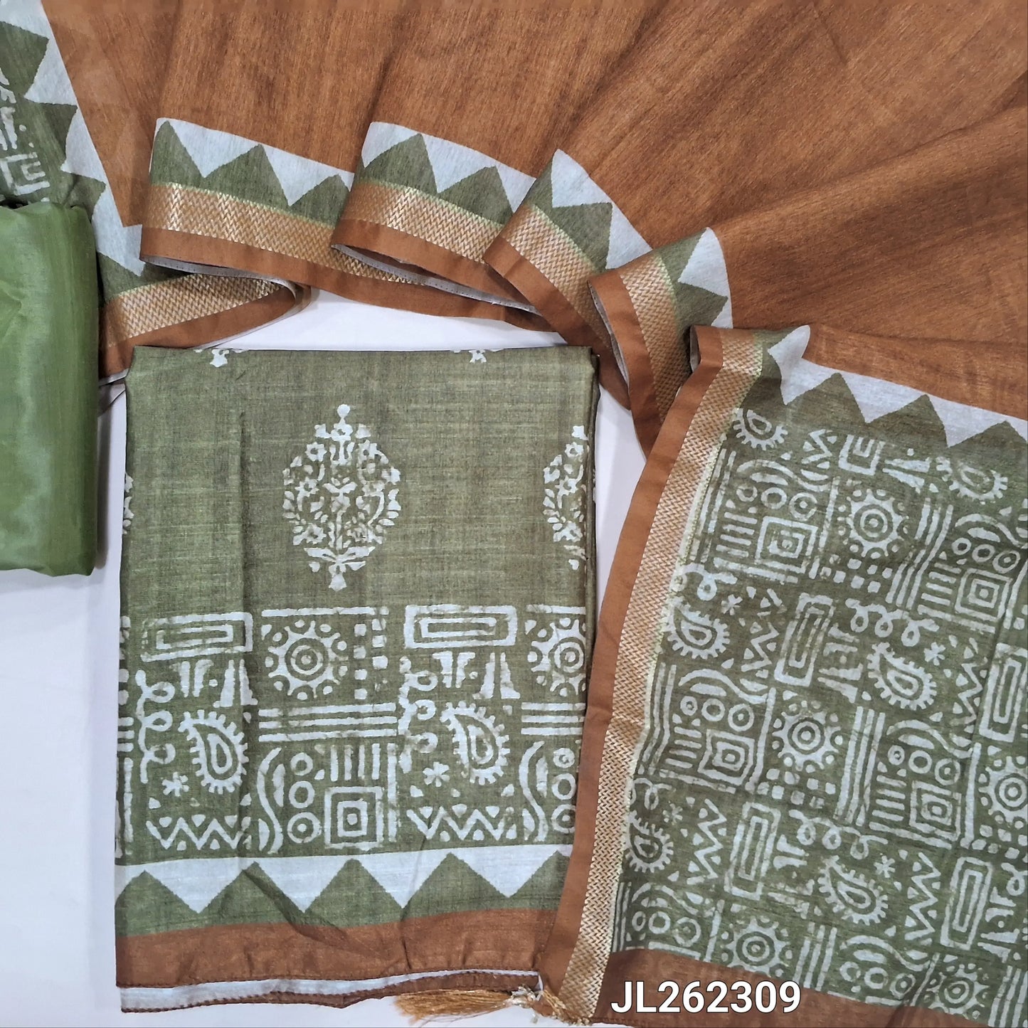 Olive green block printed premium semi tussar unstitched salwar material (Lining needed) silky bottom,premium semi tussar dupatta with zari woven borders. JL262309