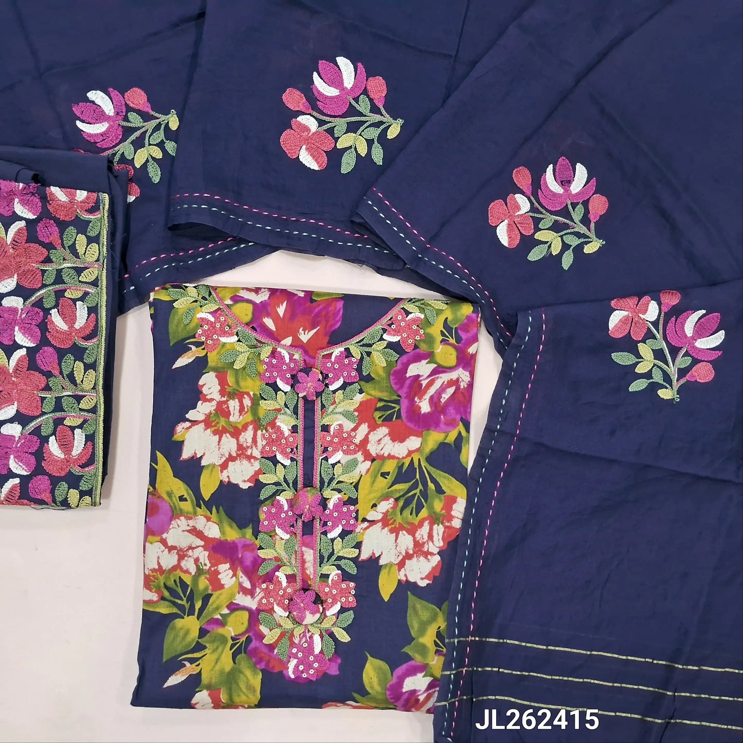 Dark blue multicoloured floral printed satin cotton unstitched salwar material,embroidery work on yoke,(lining optional)embroidered cotton bottom,thread embroidery work on silk cotton dupatta with kantha stitch borders(TAPPING NEEDED). JL262415