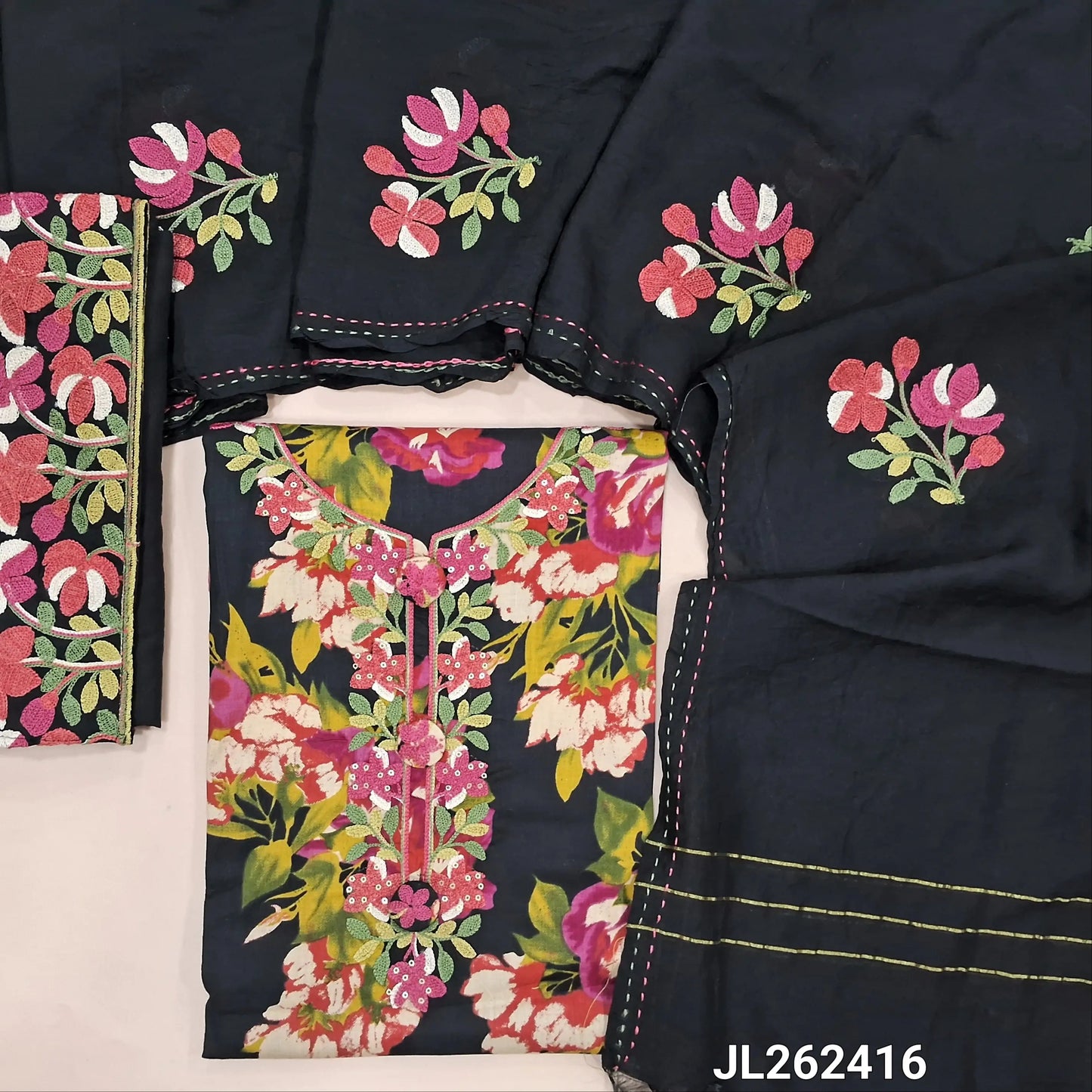 Black multicoloured floral printed satin cotton unstitched salwar material,embroidery work on yoke,(lining optional)embroidered cotton bottom,thread embroidery work on silk cotton dupatta with kantha stitch borders(TAPPING NEEDED). JL262416