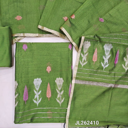 Leafy green silk cotton unstitched salwar material,buttas all over,thread and zari weaving daman, (lining needed)silk cotton bottom,zari buttas on  silk cotton dupatta with zari weaving pallu. JL262410
