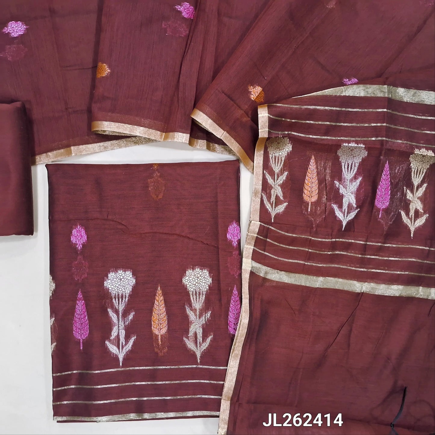 Dark maroon silk cotton unstitched salwar material,buttas all over,thread and zari weaving daman, (lining needed)silk cotton bottom,zari buttas on  silk cotton dupatta with zari weaving pallu. JL262414