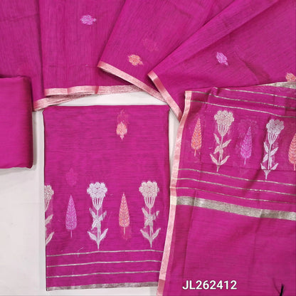 Rani pink silk cotton unstitched salwar material,buttas all over,thread and zari weaving daman, (lining needed)silk cotton bottom,zari buttas on  silk cotton dupatta with zari weaving pallu. JL262412