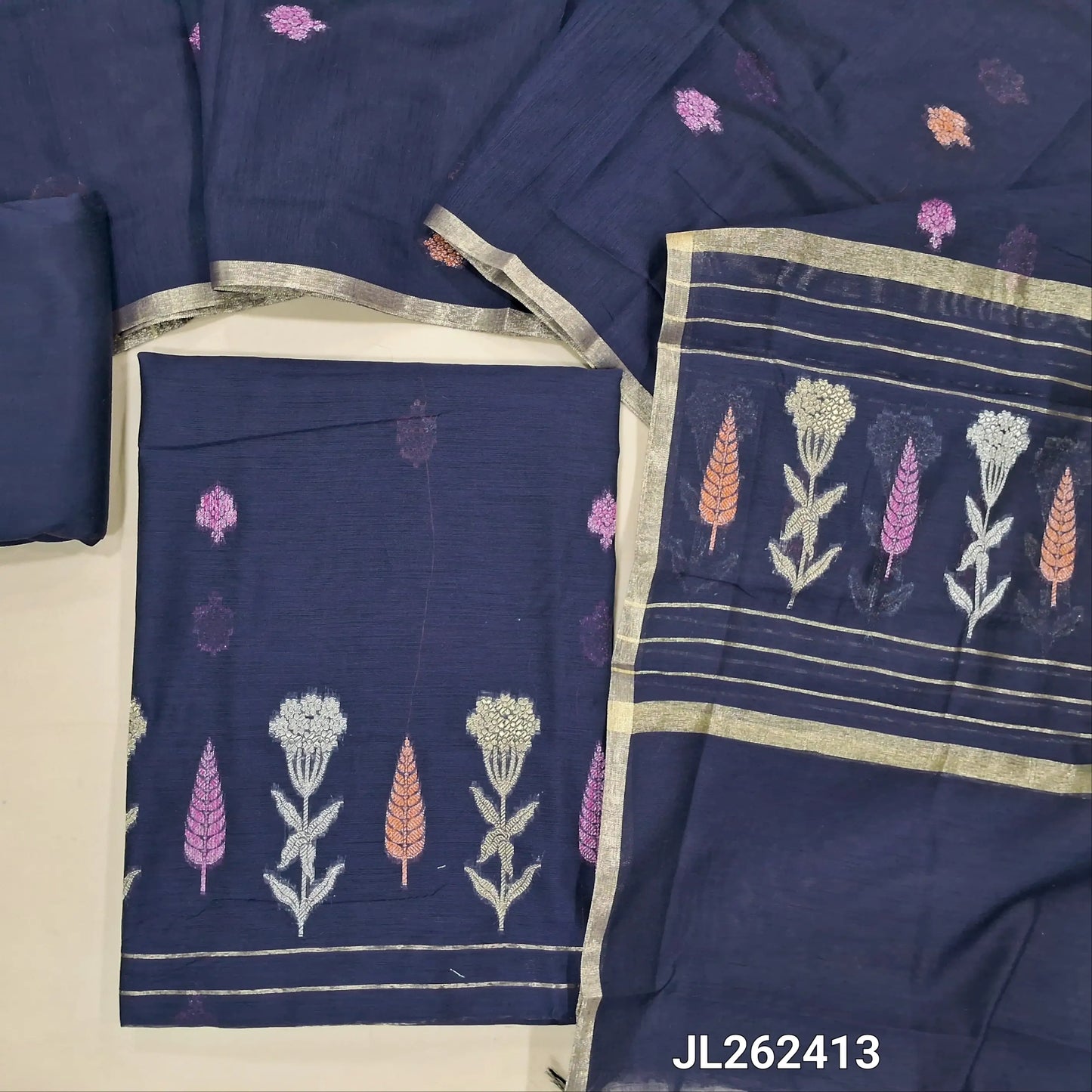 Dark blue silk cotton unstitched salwar material,buttas all over,thread and zari weaving daman, (lining needed)silk cotton bottom,zari buttas on  silk cotton dupatta with zari weaving pallu. JL262413