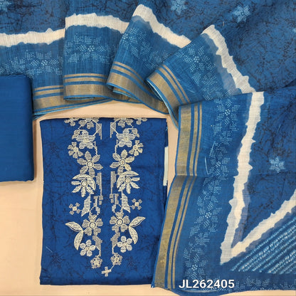 Ink blue satin cotton unstitched salwar material,thread and zari work on yoke,shibori print on daman,(lining optional)coton bottom, shibori design on semi linen dupatta with tissue borders. JL262405
