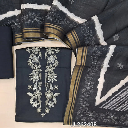 Black satin cotton unstitched salwar material,thread and zari work on yoke,shibori print on daman,(lining optional)coton bottom, shibori design on semi linen dupatta with tissue borders. JL262408