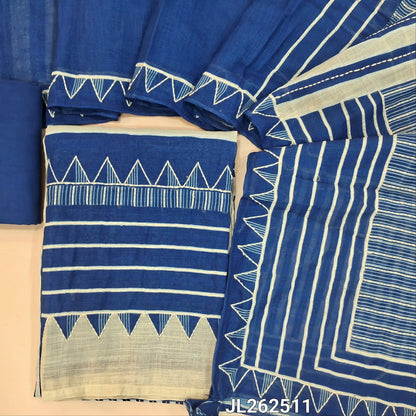 Dark blue abstract printed premium linen salwar material, hand embroidery work on front,(textured, lining needed)santoon bottom, abstract printed, kantha stitch and sequins work on linen dupatta. JL262511