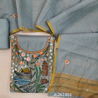 Rich grey premium muga silk cotton unstitched salwar material, digital printed with rich hand embroidery work on yoke,embroidery on front,(lining needed)santoon bottom, hand embroidery work on muga silk cotton dupatta with tissue borders. JL262403
