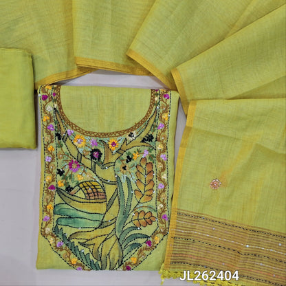 Greenish yellow premium muga silk cotton unstitched salwar material, digital printed with rich hand embroidery work on yoke,embroidery on front,(lining needed)santoon bottom, hand embroidery work on muga silk cotton dupatta with tissue borders. JL262404