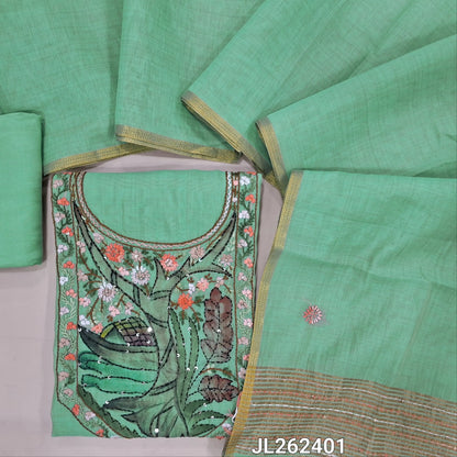 Pastel green premium muga silk cotton unstitched salwar material, digital printed with rich hand embroidery work on yoke,embroidery on front,(lining needed)santoon bottom, hand embroidery work on muga silk cotton dupatta with tissue borders. JL262401