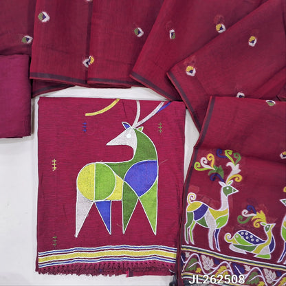 Rani pink blue premium moonga linen salwar material,embroidery work on front,deer thread embroidery on daman,(textured, lining needed)santoon bottom, jamdani weaving on soft silk cotton dupatta with tassles. JL262508