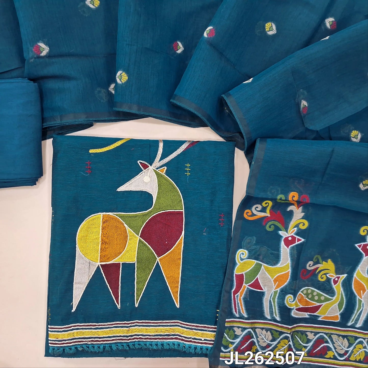 Bright teal blue premium moonga linen salwar material,embroidery work on front,deer thread embroidery on daman,(textured, lining needed)santoon bottom, jamdani weaving on soft silk cotton dupatta with tassles. JL262507