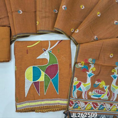 Honey brown premium moonga linen salwar material,embroidery work on front,deer thread embroidery on daman,(textured, lining needed)santoon bottom, jamdani weaving on soft silk cotton dupatta with tassles. JL262509