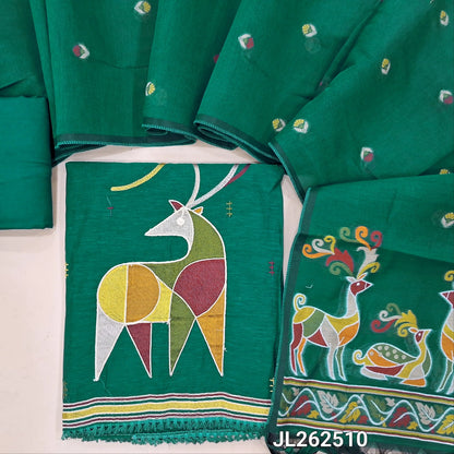 Bright teal green premium moonga linen salwar material,embroidery work on front,deer thread embroidery on daman,(textured, lining needed)santoon bottom, jamdani weaving on soft silk cotton dupatta with tassles. JL262510