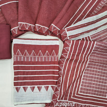 Dark maroon abstract printed premium linen salwar material, hand embroidery work on front,(textured, lining needed)santoon bottom, abstract printed, kantha stitch and sequins work on linen dupatta. JL262512