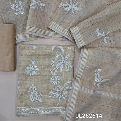 Rich beige with golden tint slub tissue unstitched salwar material, rich embroidery work on front(lining needed)silk cotton bottom, embroidery work on slub tissue dupatta with tissue borders. JL262614