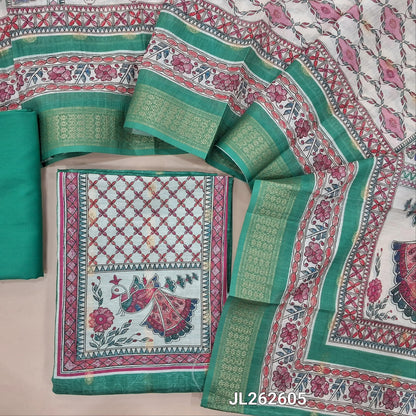 Turquoise green silk cotton unstitched salwar material,digital printed yoke,zari buttas all over,(lining needed)spun cotton bottom, digital printed silk cotton dupatta with madhubani pallu and zari woven borders. JL262605