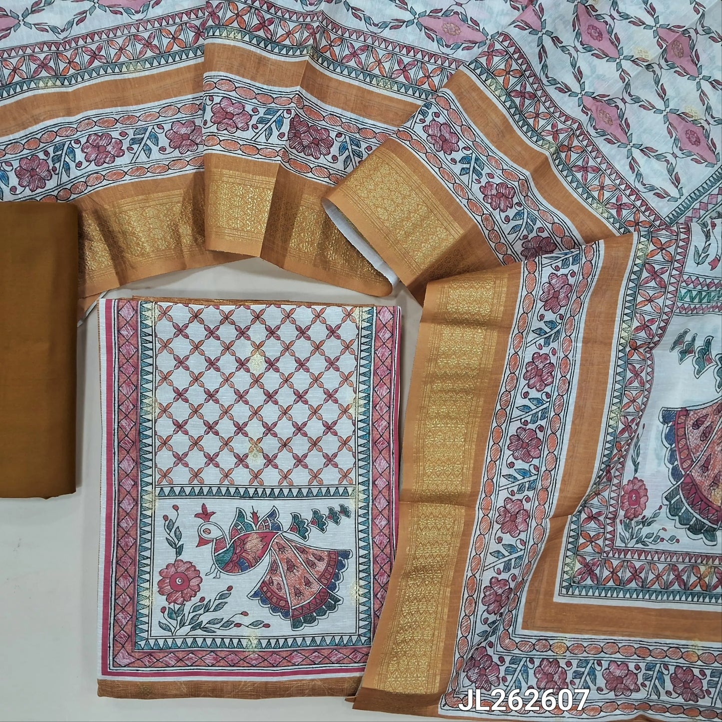 Mehandhi yellow silk cotton unstitched salwar material,digital printed yoke,zari buttas all over,(lining needed)spun cotton bottom, digital printed silk cotton dupatta with madhubani pallu and zari woven borders. JL262607