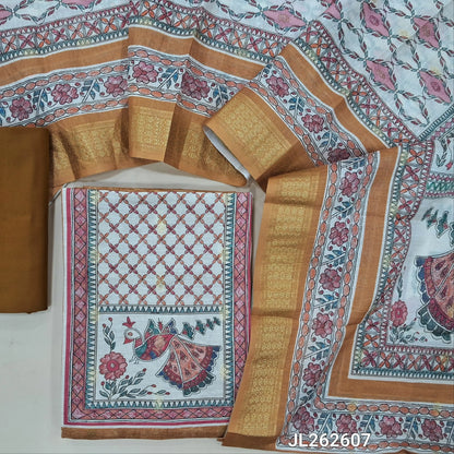 Mehandhi yellow silk cotton unstitched salwar material,digital printed yoke,zari buttas all over,(lining needed)spun cotton bottom, digital printed silk cotton dupatta with madhubani pallu and zari woven borders. JL262607