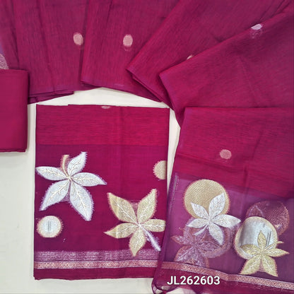 PRE ORDER SHIPPING AFTER 10 DAYS  Bright pink jamdani woven premium tussar unstitched salwar material,(lining needed)zari weaving on organza daman, santoon bottom, silver and gold zari buttas tussar dupatta with organza pallu and tassels. JL262603