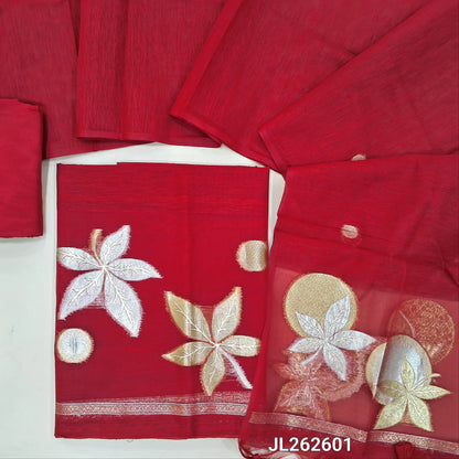 PRE ORDER SHIPPING AFTER 10 DAYS Bright red jamdani woven premium tussar unstitched salwar material,(lining needed)zari weaving on organza daman, santoon bottom, silver and gold zari buttas tussar dupatta with organza pallu and tassels. JL262601
