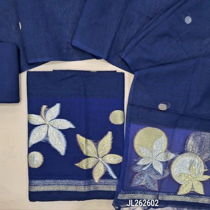 PRE ORDER SHIPPING AFTER 10 DAYS Royal blue jamdani woven premium tussar unstitched salwar material,(lining needed)zari weaving on organza daman, santoon bottom, silver and gold zari buttas tussar dupatta with organza pallu and tassels. JL262602