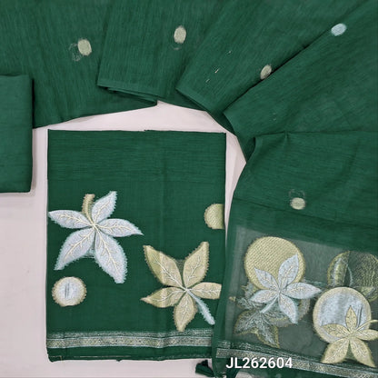 PRE ORDER SHIPPING AFTER 10 DAYS Bottle green jamdani woven premium tussar unstitched salwar material,(lining needed)zari weaving on organza daman, santoon bottom, silver and gold zari buttas tussar dupatta with organza pallu and tassels. JL262604