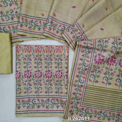 Yellowish beige with golden tint tissue silk cotton unstitched salwar material, digital printed with sugar bead and sequins on daman, (Lining needed)silky bottom, digital printed tissue silk cotton dupatta with pallu. JL262611
