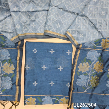 Blueish grey premium silk unstitched salwar material, thread weaving all over and daman,(light weight,lining needed)NO BOTTOM,rich weaving on premium silk dupatta with pallu and tissue borders. JL262504