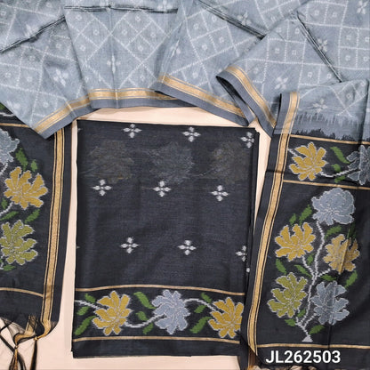 Black premium silk unstitched salwar material, thread weaving all over and daman,(light weight,lining needed)NO BOTTOM,rich weaving on premium silk dupatta with pallu and tissue borders. JL262503