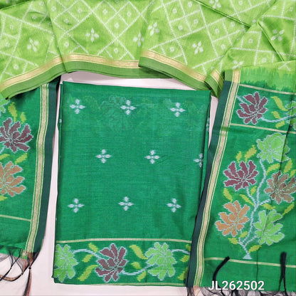 Emerald green premium silk unstitched salwar material, thread weaving all over and daman,(light weight,lining needed)NO BOTTOM,rich weaving on premium silk dupatta with pallu and tissue borders. JL262502
